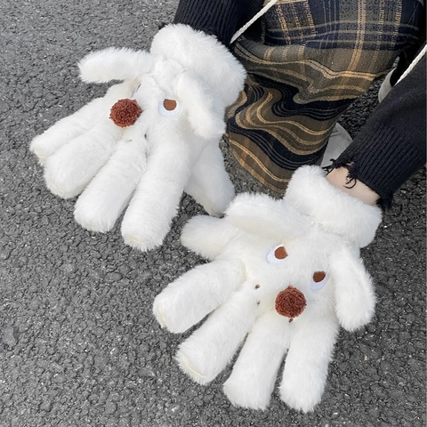 Cartoon Dog Plush Gloves Full Finger Faux Fur Warm Winter Windproof Hanging Neck String Cute Animal Design