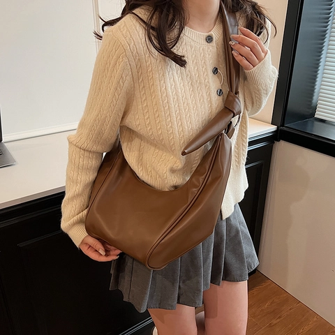 Borsa Hobo in Pelle PU Vintage per Donna Grande Capacità Minimalista Tracolla con Nodo Borsa a Spalla Mezzaluna Tote