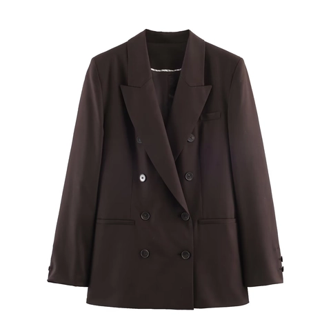 Damen Blazer Und Hose Business Office Wear Doppelreihig Schulterpolster Hohe Taille Gerade Schnitt Dunkelbraun Polyester Elegant Mode