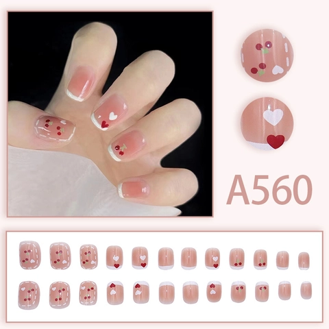 Faux Ongles À Coller Motif Cerise Cœur Pointes Françaises Blanches Rose Plastique Femmes Style Été Doux