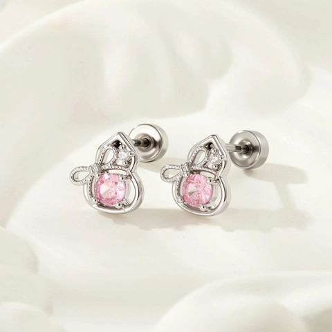 Pink Cubic Zirconia Gourd Bowknot Ear Cartilage Stud Titanium Steel Screw Back Helix Piercing Jewelry For Women Girls