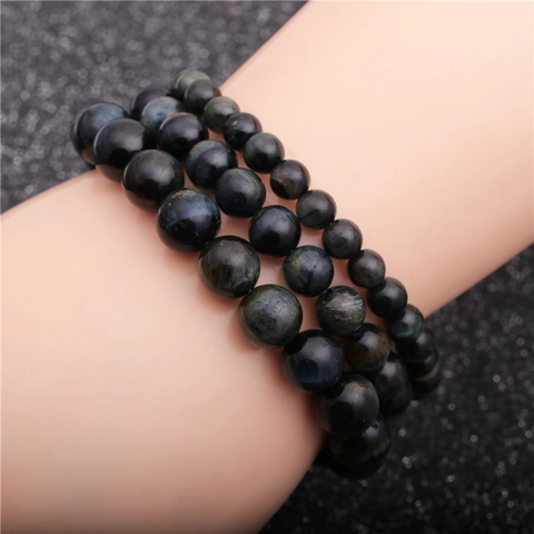 Blue Tiger Eye Stone Beaded Bracelet Natural Hawk Eye Round Beads Elastic Handmade Healing Jewelry For Men Women