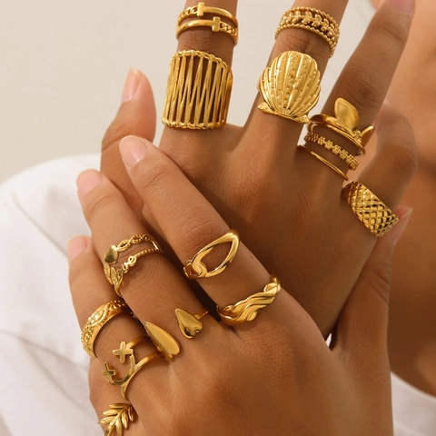 Anelli Regolabili In Acciaio Inossidabile Vintage Placcati Oro 18K Gioielli Di Moda Boemia Geometrica Croce Cuore Foglia Per Donna