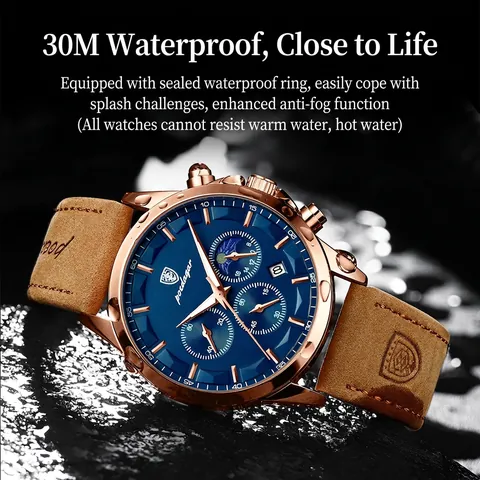 Men Chronograph Watch Stainless Steel Leather Strap Waterproof Luminous Date Moon Phase Business Casual Quartz Wristwatch