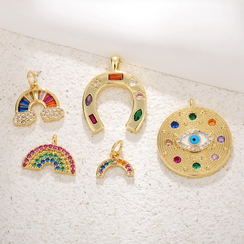 Copper Gold Plated Horseshoe Rainbow Evil Eye Pendant With Zircon Colorful DIY Jewelry Making Luck Charm