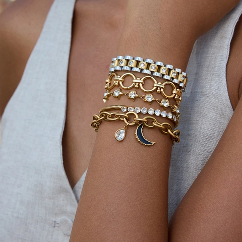Bracciale Luna Stella Zircone Acciaio Inossidabile Placcato Oro 18K Gioielli Chic Minimalisti Regolabili Donna
