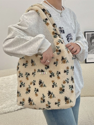 Floral Print Plush Tote Bag Sherpa Fleece Shoulder Bag Large Capacity Retro Casual Autumn Winter Handbag For Women