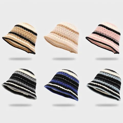 Chapeau Cloche Rayé Tricoté Pour Femmes Crochet Chaud Pliable Bob Vintage Hiver Automne Extérieur Accessoires Décontractés