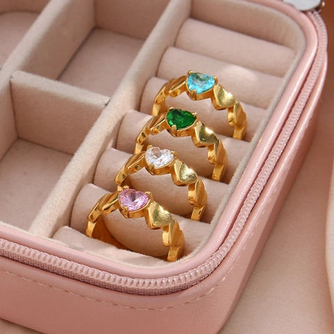 18K Gold Plated Stainless Steel Heart Zirconia Ring For Women Small Heart Shaped Gemstone Minimalist Fashion Jewelry Ring