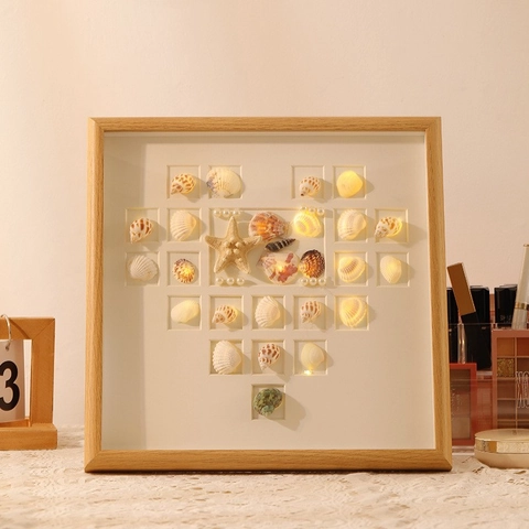 DIY Seashell Art Photo Frame LED Night Light Heart Shaped Natural Sea Shell Shadow Box Tabletop Decorative Gift