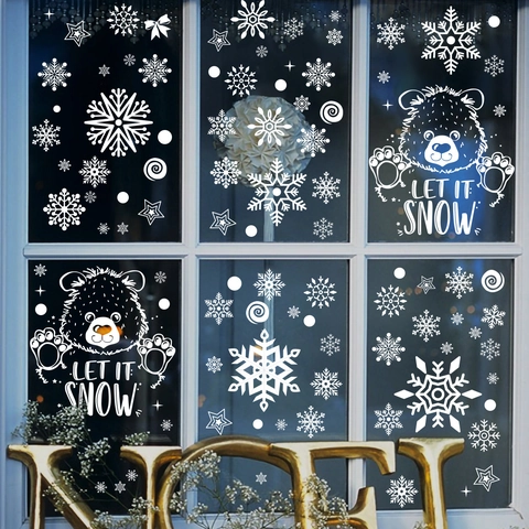 Christmas Window Stickers PVC Static Cling Snowflake Polar Bear Pattern Reusable Holiday Glass Decals White Cartoon Style