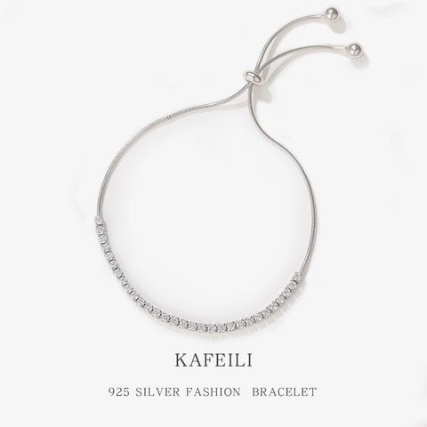 925 Sterling Silver Bracelet Full Cubic Zirconia Adjustable Bolo Chain Shiny Minimalist Luxury Jewelry Women