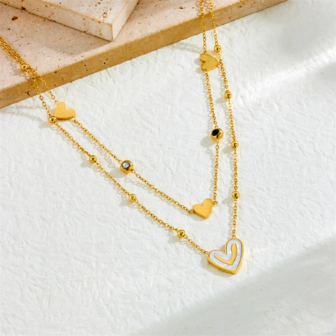 Double Layer Stainless Steel Necklace With Heart Pendant White Mother Of Artificial Pearl Gold Plated Fashion Jewelry For Women