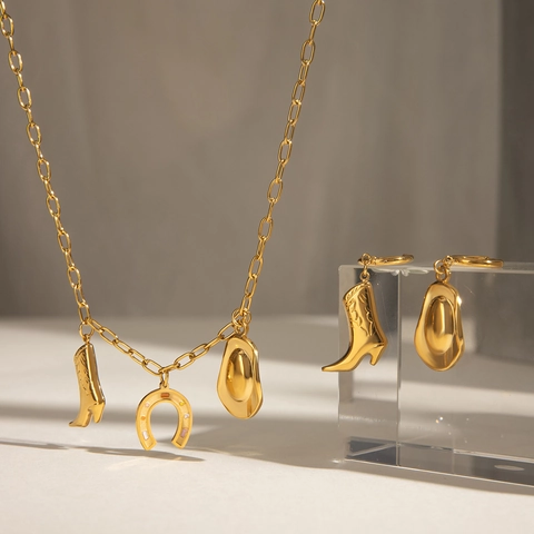 Cowboy Western Jewelry Set Stainless Steel Boot Hat Horseshoe Pendant Necklace And Earrings For Women