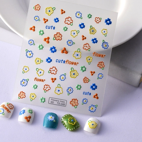 Pegatinas Para Uñas En Relieve 5D Diseño Flores Coloridas Relieve 3D Calcomanías Autoadhesivas Para Decoración De Manicura