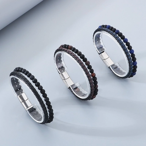 Men Woven Leather Bracelet Double Layer Natural Stone Tiger Eye Agate Beads Stainless Steel Magnetic Clasp