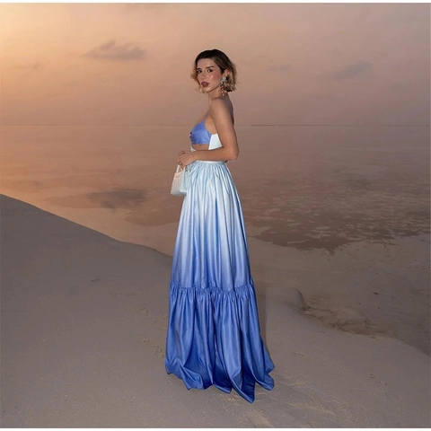 Vestido Largo Sexy Para Mujer Con Degradado De Color Camisola Con Aberturas Dobladillo Con Volantes Cintura Alta Poliéster Línea A