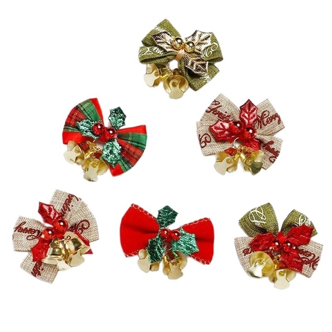 Mini Christmas Bows With Gold Bells And Green Leaves Red Green Plaid Ribbon For DIY Decoration Gift Wrap Holiday Ornaments