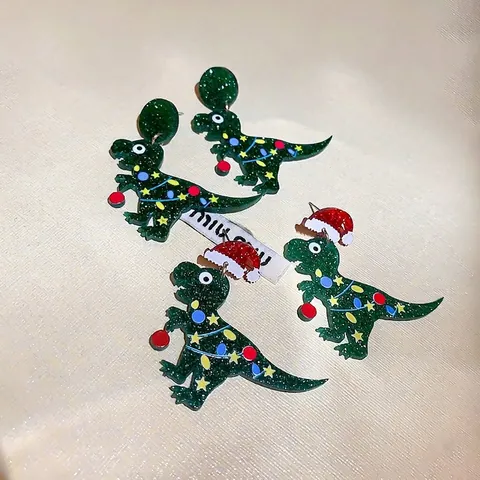 Dinosaur Earrings With 925 Sterling Silver Earring Post Acrylic Glitter Green Christmas Hat Festive Jewelry For Women