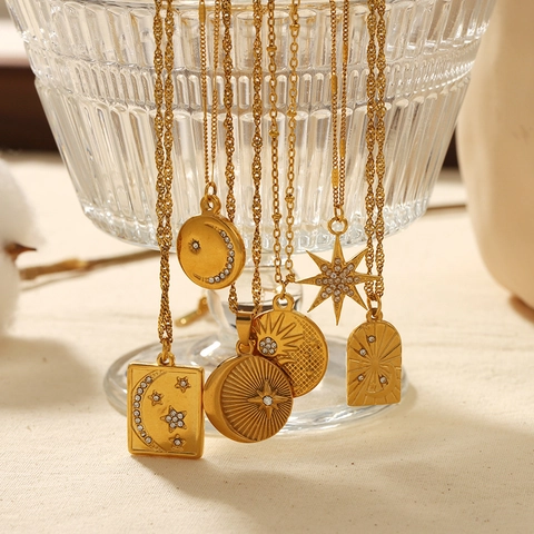 Pendant Necklace 18K Gold Plated Stainless Steel Star Moon Sun Zircon Inlaid Elegant Fashion Jewelry For Women Gift