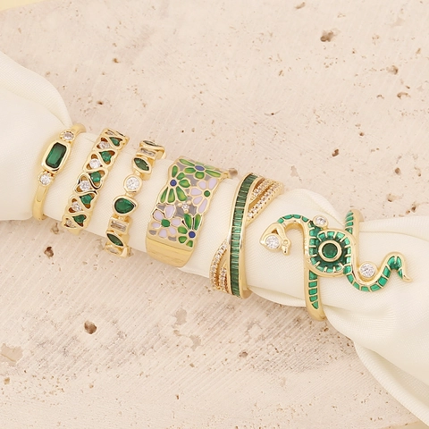 Anelli Aperti Regolabili Rame Smalto Verde Zircone Cuore Serpente Fiore Croce Gioielli Moda Donne Elegante