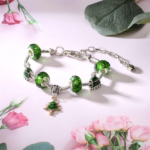 Christmas Theme Charm Bracelet Alloy Copper Snake Chain Faceted Glass Beads Enamel Pendants Holiday Jewelry