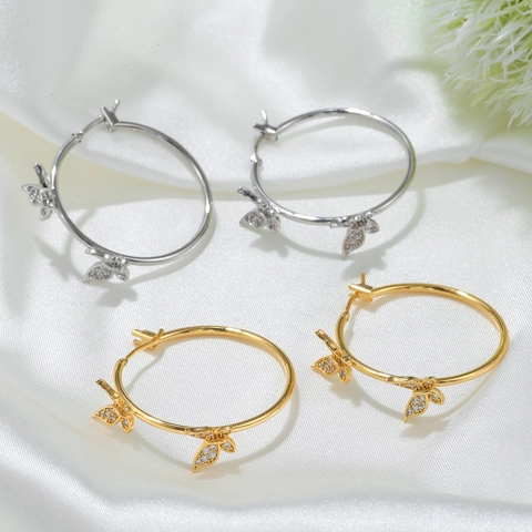 Butterfly Hoop Earrings Copper White Zircon Pave Inlaid Elegant Light Luxury Jewelry For Women