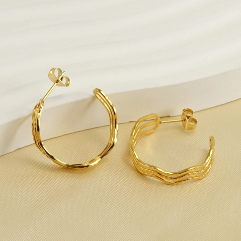 Geometric Wave Line Hoop Earrings 18K Gold Plated Stainless Steel C-Shaped Ins Style Fashion Jewelry For Women