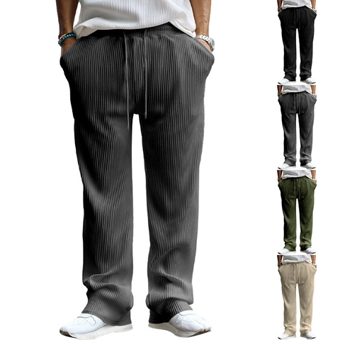 Pantalones Casuales De Pierna Ancha Para Hombre De Jacquard Acanalado Rectos Con Cordón Cintura Elástica