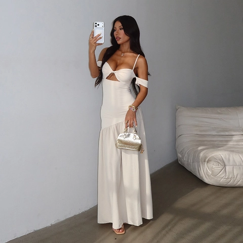 Women Maxi Dress Off Shoulder Cut Out Sleeveless Asymmetrical Pleated Hem Sexy Elegant Vacation Solid Color