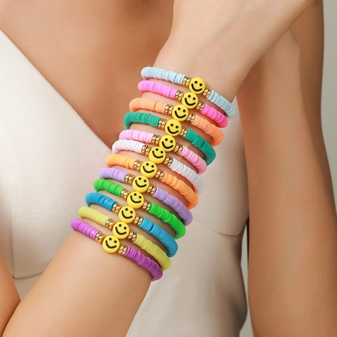 Bracciale Heishi In Argilla Polimerica Bohémien Faccina Sorridente Perle Oro Alligato Gioielli Etnici Elastici Donne