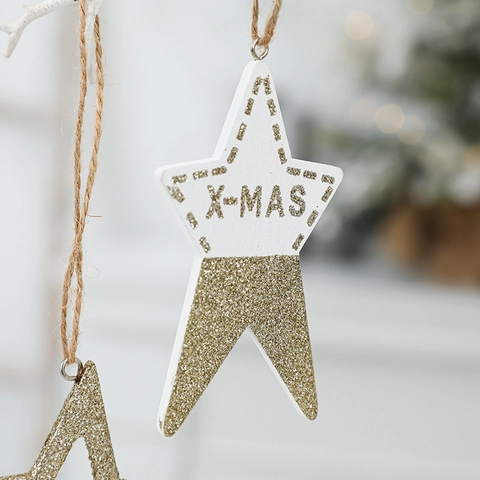 Ornamenti Appesi Per Albero Di Natale Legno Plastica Forma Stella Ala Con Polvere Di Glitter E Corda Di Canapa