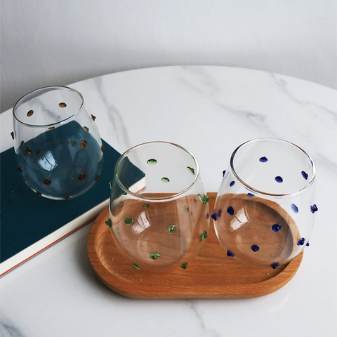 Glass Cup With Colorful Raised Dots High Borosilicate Heat Resistant Water Milk Juice Tumbler Handmade Decorative