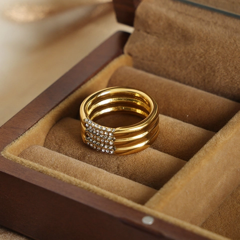 Multi Layer Stacked Ring Stainless Steel Gold Plated White Green Zircon High End Minimalist Jewelry For Women
