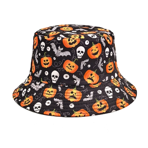 Halloween Vissershoed Polyester Omkeerbaar Pompoen Schedel Vleermuis Print Vintage Zonnehoed Feestaccessoire