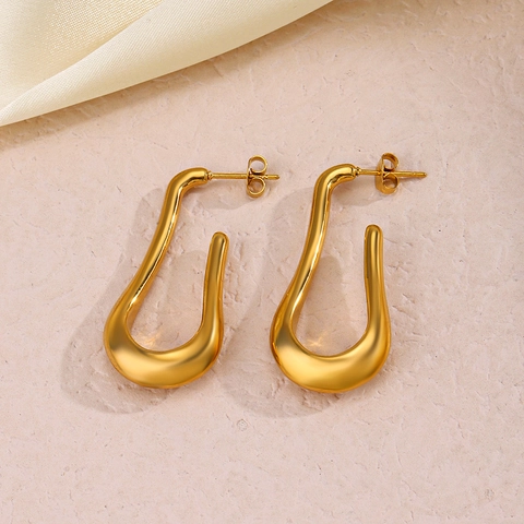 U-Shaped Stud Earrings For Women 18K Gold Plated Stainless Steel Geometric Retro Fashion Fluid Metal Texture Versatile Accessory