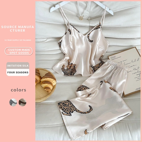 Women Leopard Print Pajama Set Imitation Satin Satin Camisole Top And Long Pants Sleeveless V Neck Sleepwear