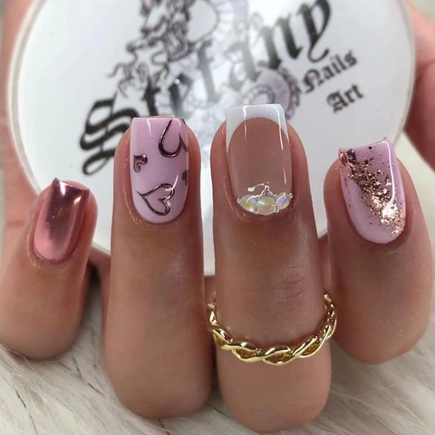 Press On Nails Französische Weiße Spitze Herz Design Aurora Glitzer Süße Ins Stil Kunststoff Künstliche Fingernägel Für Damen