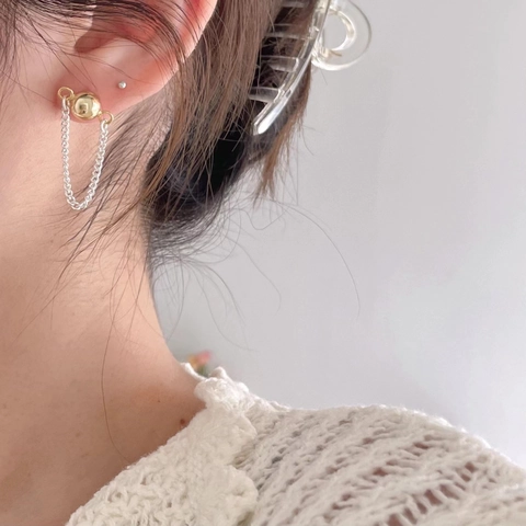 Orecchini A Lobo Con Sfera Geometrica Con Perno In Argento Sterling 925 Catena Delicata Nappa Bicolore Minimalista Donna
