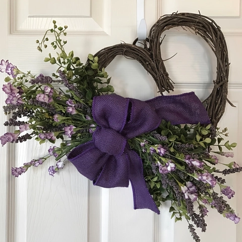 Heart Shaped Rattan Wreath With Purple Artificial Lavender Flowers And Large Bow For Front Door Wall Decoration Rustic Style