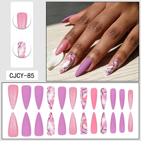 Long Stiletto Künstliche Nägel Lila Matt Glitzer Rosa Marmormuster Frauen Künstliche Maniküre