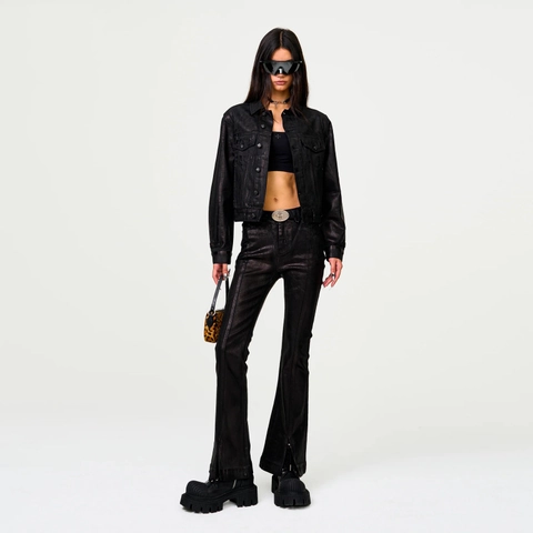 Women Waxed Coated Denim Jacket And Slit Flare Pants Lightning Print Slim Fit Streetwear Locomotive Style Gothic