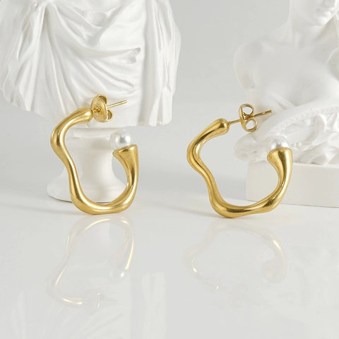 Pendientes De Aro Con Ondas Irregulares Acero Inoxidable Chapado En Oro De 18K Con Perla Artificial Joyería Para Mujer
