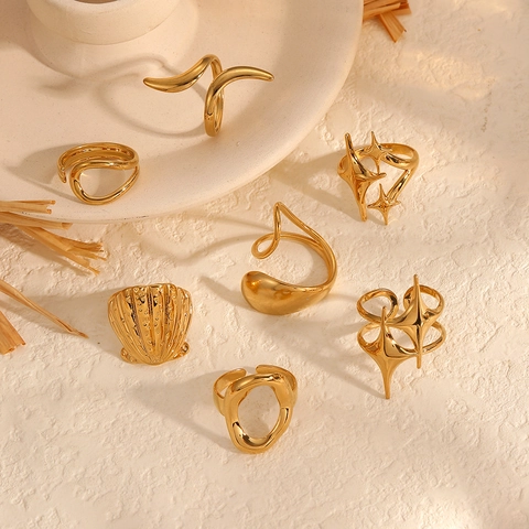 Geometric Open Rings For Women 18K Gold Plated Stainless Steel Minimalist Adjustable Non-Fading Jewelry Star Shell Snake Shapes