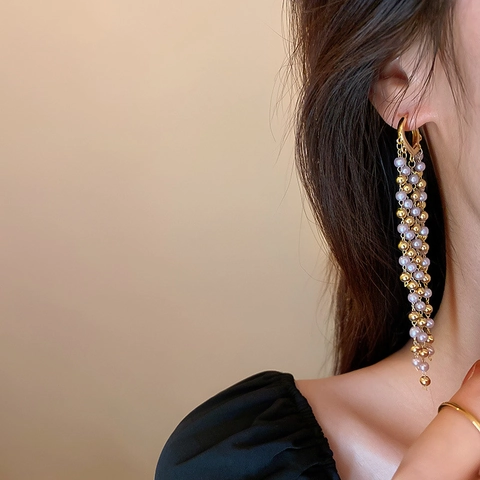 Pendientes De Aro Con Borla Larga De Perlas Artificiales Artificiales Y Aleación Dorada En Forma De Corazón Para Mujer Joyería
