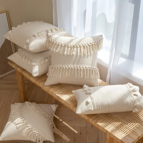 Bohemian Tassel Pillow Cover Cotton Linen Woven Cushion Case For Sofa Living Room Wabi-sabi Style Home Decor