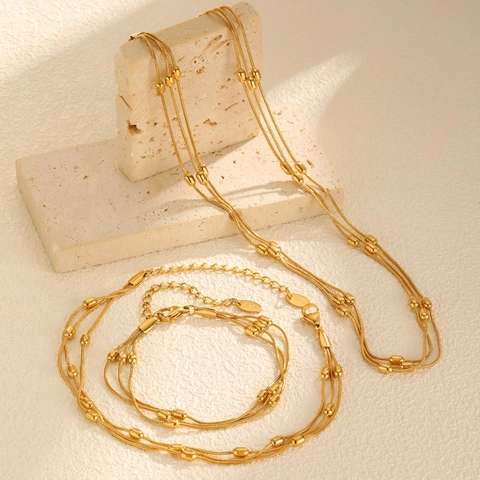 Women Triple Layer Stainless Steel Snake Chain Jewelry Gold Plated Rice Bead Minimalist Necklace Bracelet Anklet Accessory