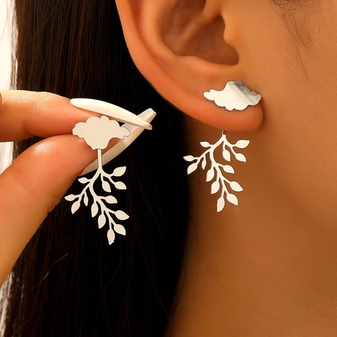 Minimalist Copper Leaf Cloud Pendant Stud Earrings With 14K Gold Earring Post For Women Elegant Jewelry Autumn Winter Accessory