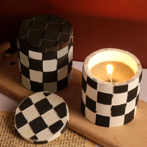 Moule En Silicone Damier Pour Boîte De Rangement En Résine DIY Pot Rond Avec Couvercle Pour Récipient De Bougie Décoration