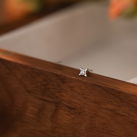 S999 Sterling Silver Star Stud Earrings For Women Minimalist Zirconia Inlaid Small Four Pointed Star Jewelry Daily Gift